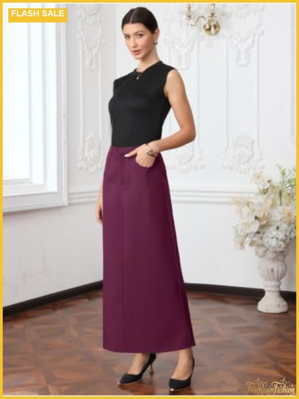 High Waist Pencil Maxi Skirt Polyester Spandex Work Office - Picture 3 of 4